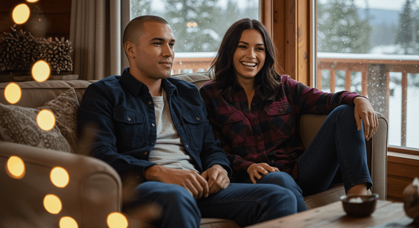 a man and woman sitting on a couch wearing flannel
