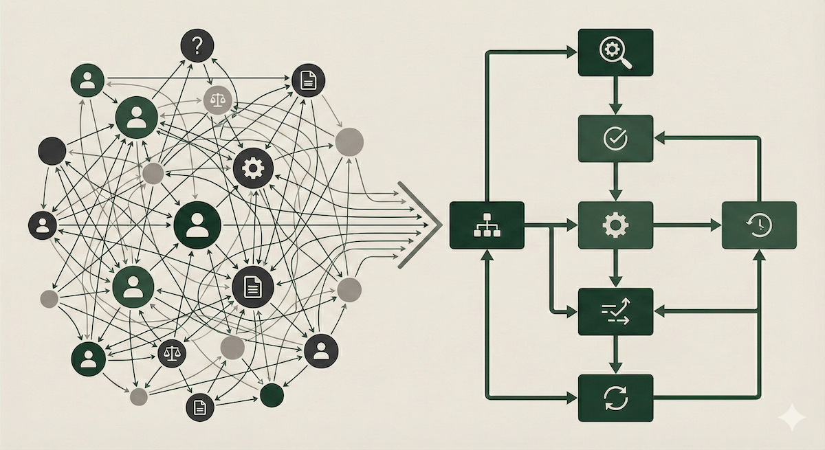 Decision architecture network diagram showing organisational execution structure and governance decision flows