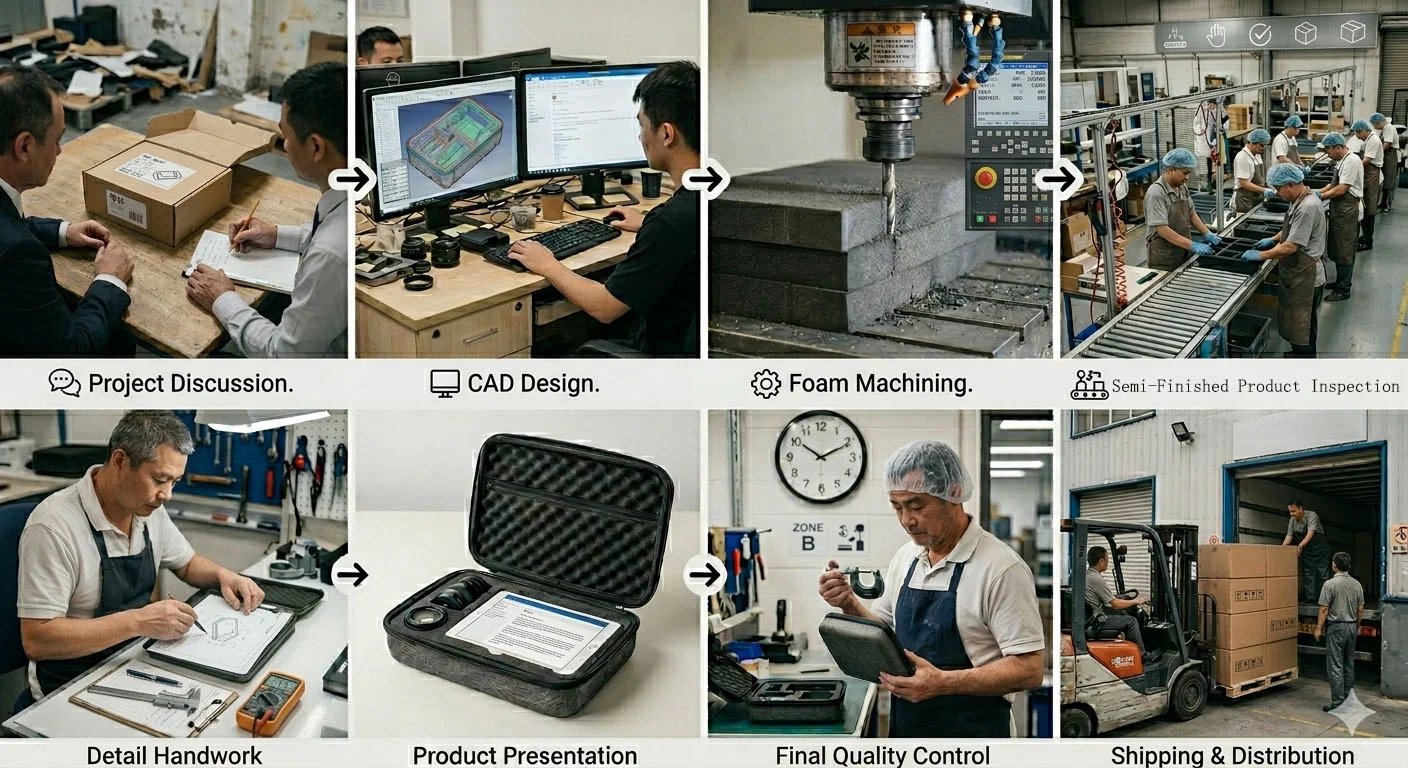 Step-by-step custom EVA foam case manufacturing process from CAD design to shipping.