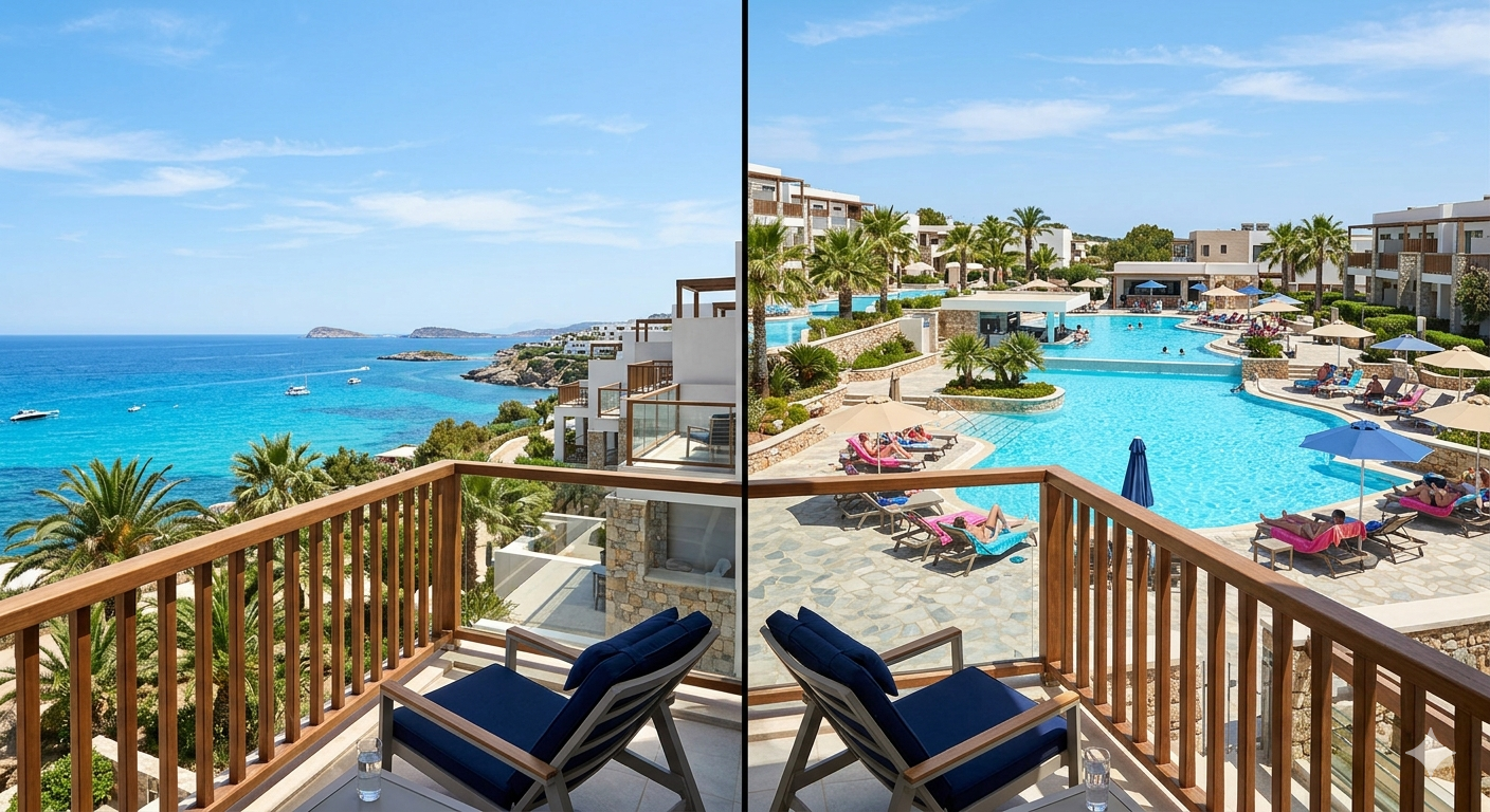 Sea view and pool view apartments compared in a coastal resort setting.