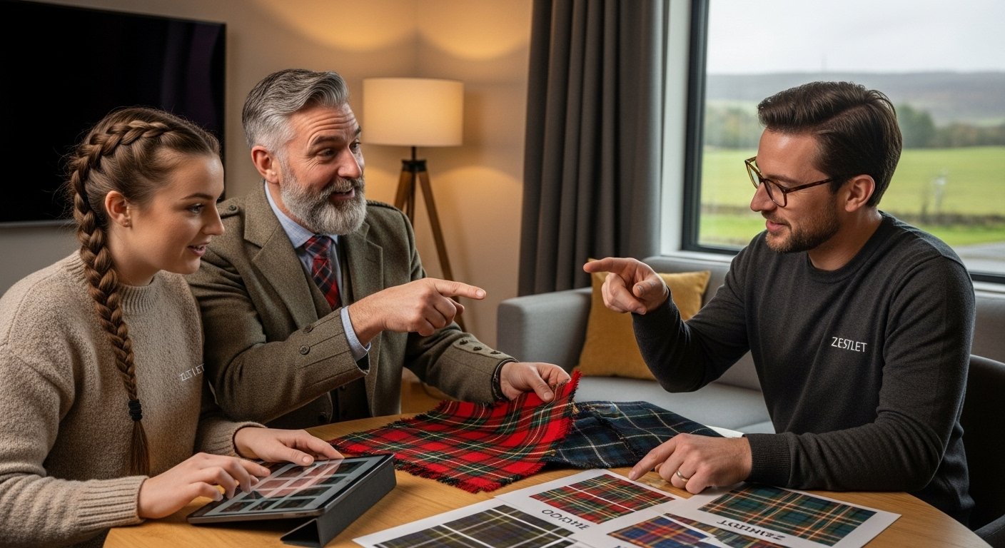 Scottish family or pipe band leader discussing tartan swatches and digital proofs with a ZESTLET designer