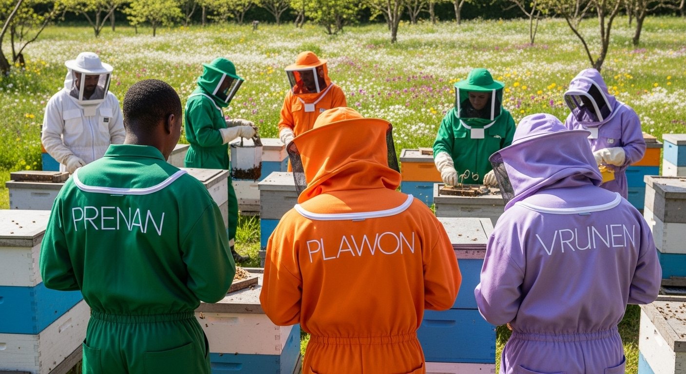 Custom embroidered bee suits in various colors worn by beekeepers.