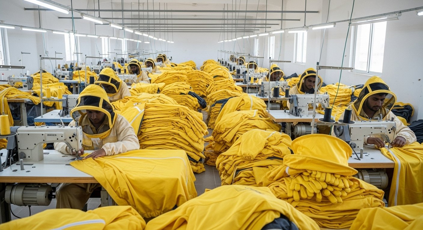 Bee suit manufacturing facility in Sialkot, Pakistan, by Heliotrope Bee.