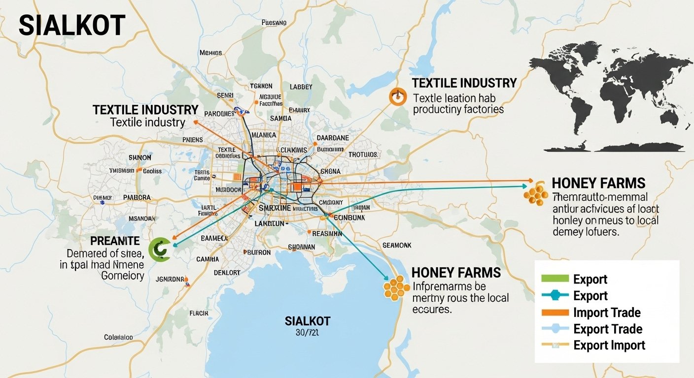 Map showing Sialkot, Pakistan, as the hub of bee suit manufacturing.