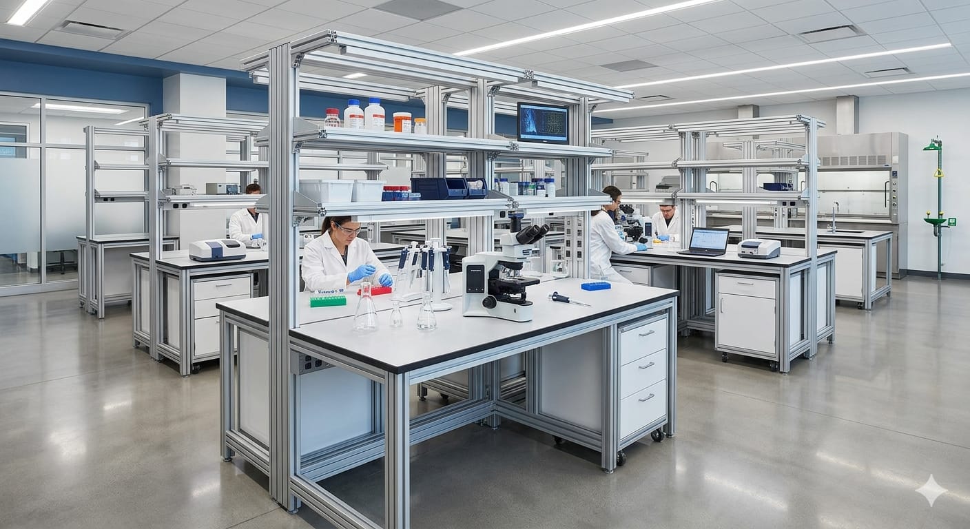 Scientists in white lab coats using microscopes and pipettes at modern research laboratory workstations.