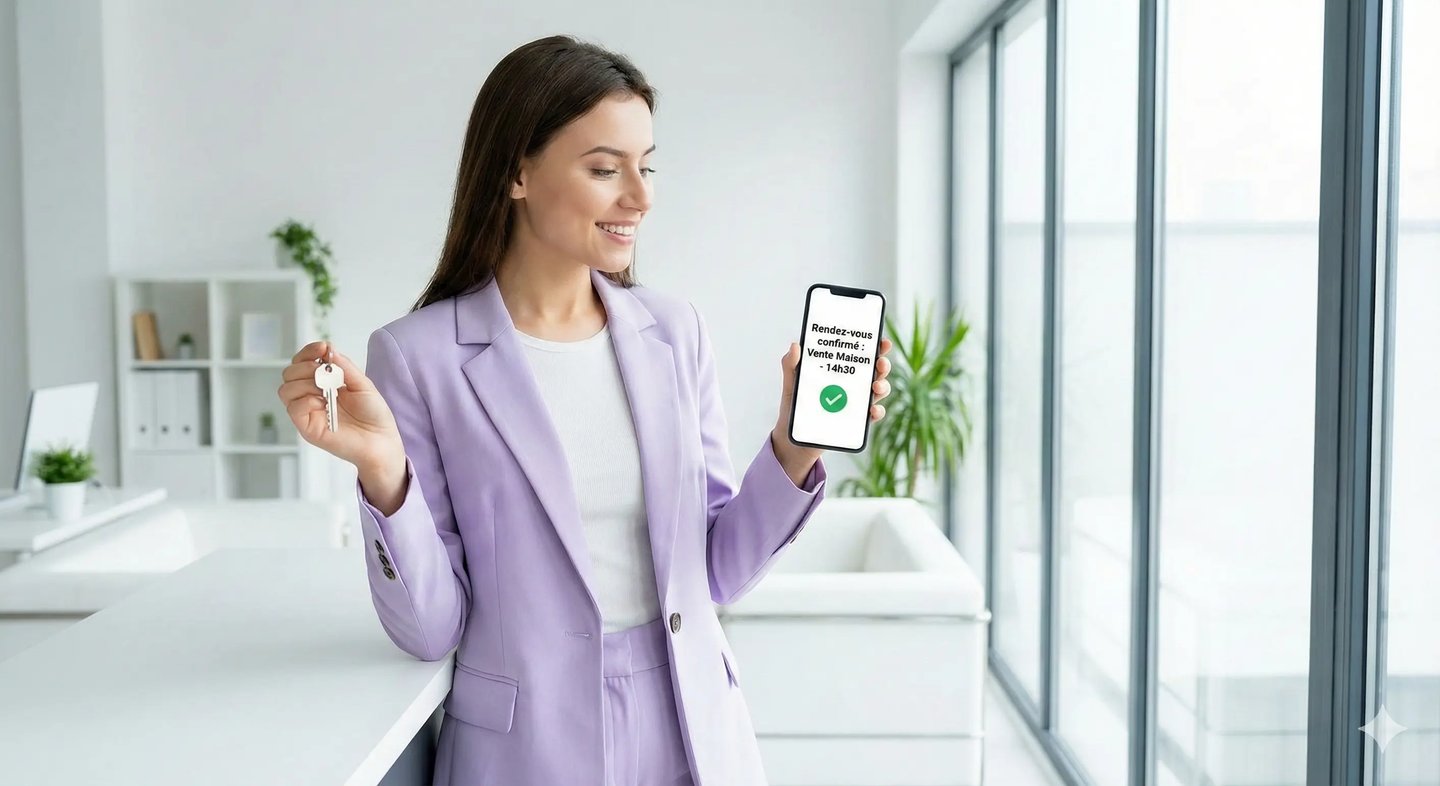 Agente immobilière souriante tenant des clés et un téléphone confirmant un rendez-vous vendeur automatiquement