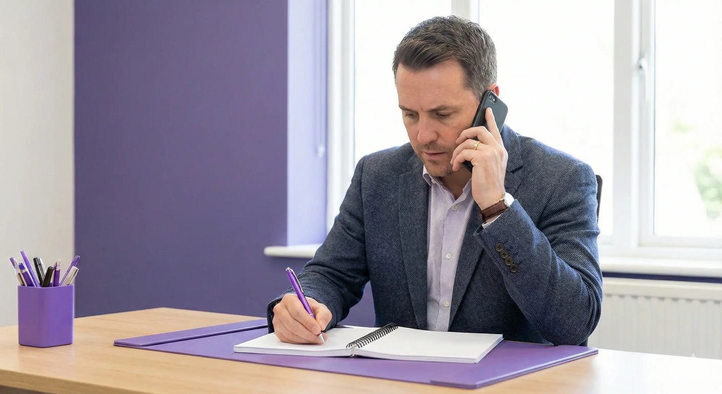 Agent immobilier au téléphone prenant des notes pour qualifier un prospect vendeur rapidement