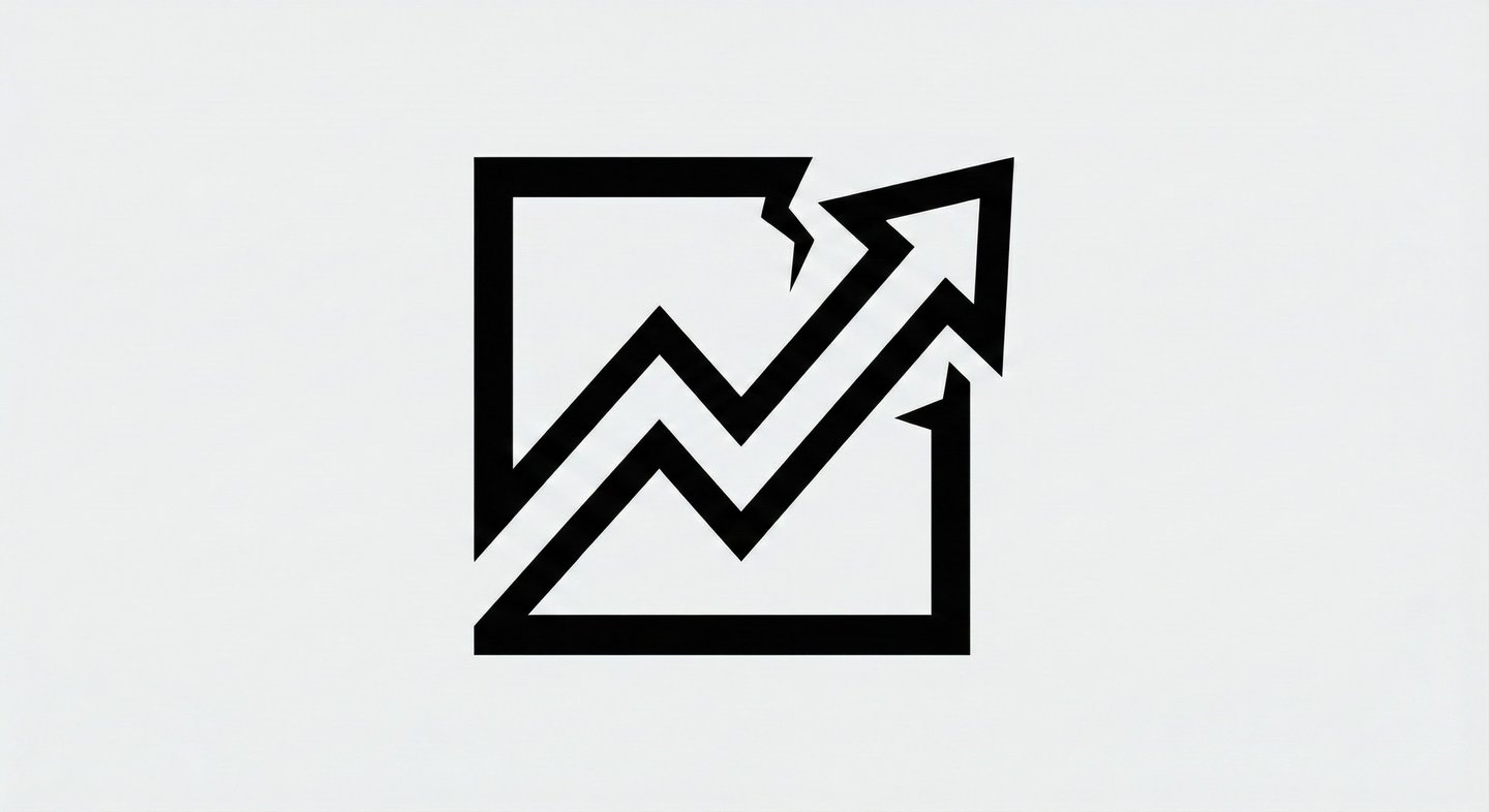 minimalist icon of sharp upward arrow in stock chart style breaking through a solid square frame top