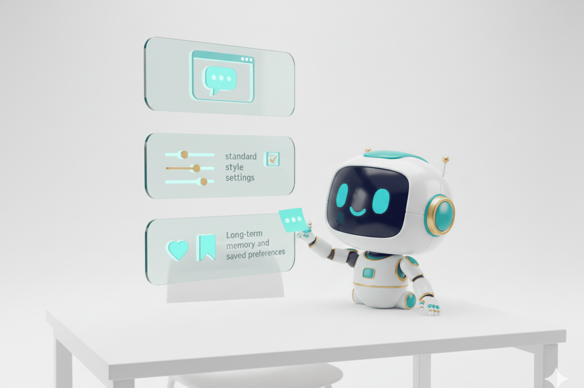 Machine2Mind Roboter zeigt auf schwebende Einstellungen für das Langzeitgedächtnis von ChatGPT