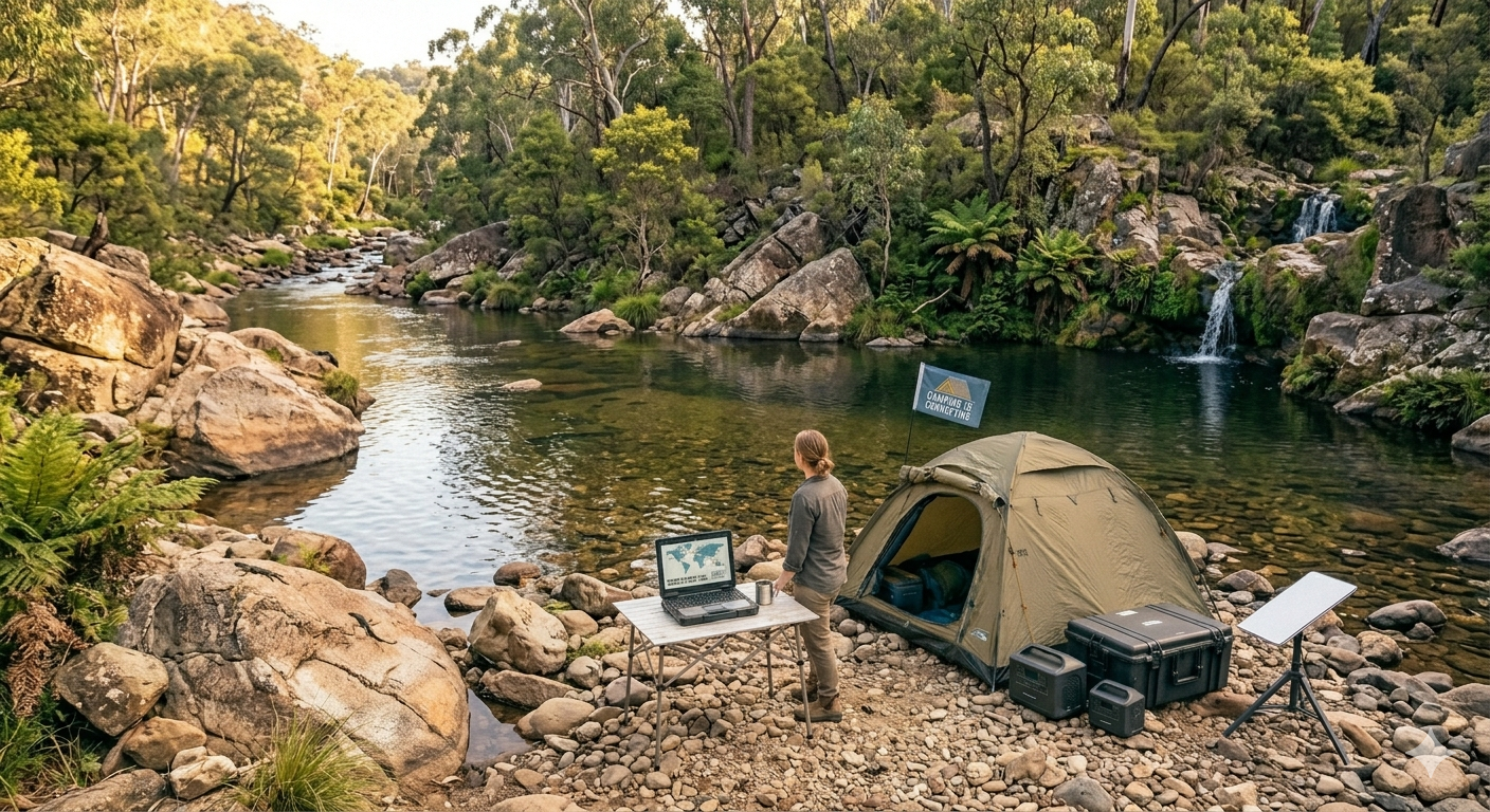 A person camping by a forest river using Starlink satellite internet and a laptop for remote work.