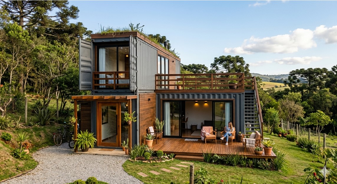 Casa de dois andares em contaners com varanda com vistas para a mata