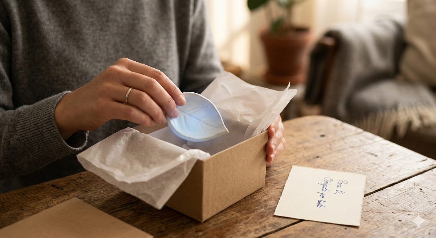 Uma pessoa desembalando um prato de cerâmica em formato de folha de uma caixa de presente com um bil