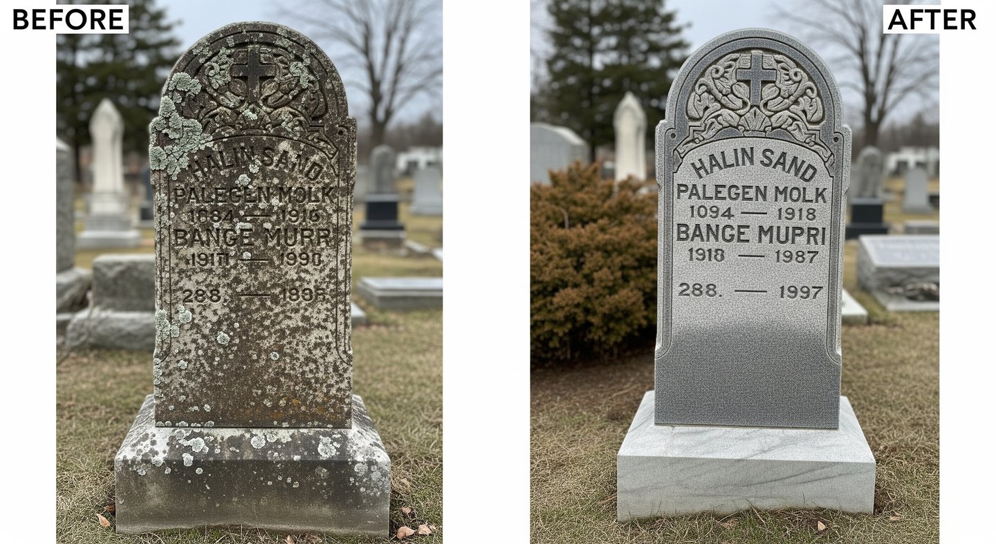 Before and after picture of cleaned headstones