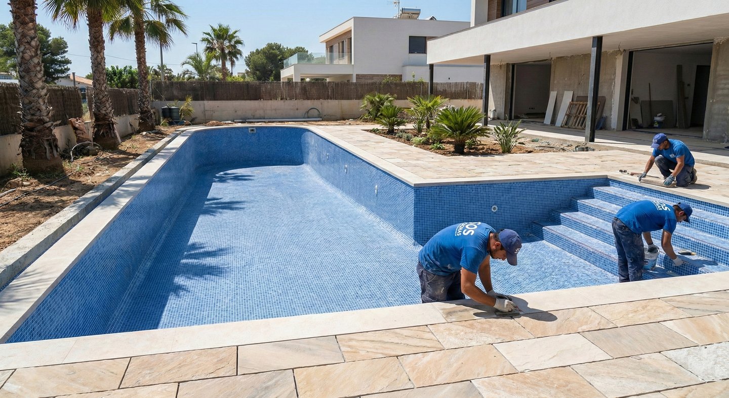 Reforma de piscina de alvenaria com instalação de iluminação LED e cascata em Jacarepaguá.