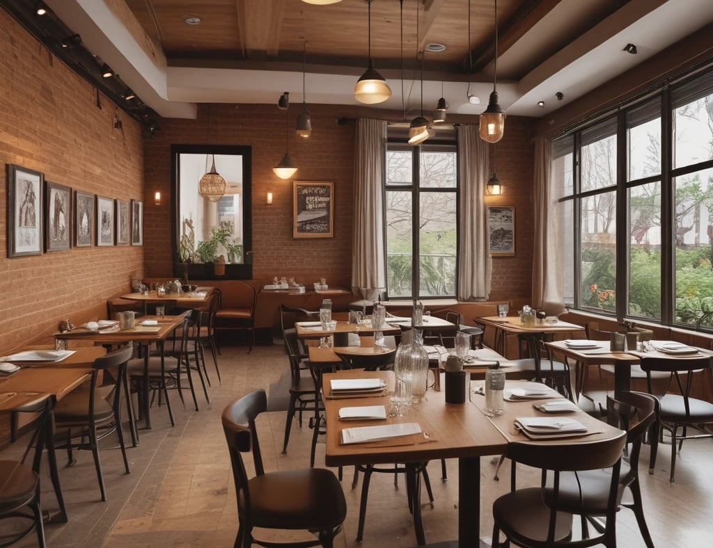 a restaurant with wooden tables and chairs