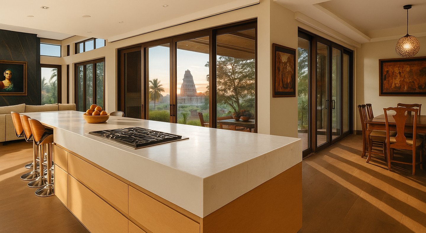 a kitchen with a stove top and a table with chairs
