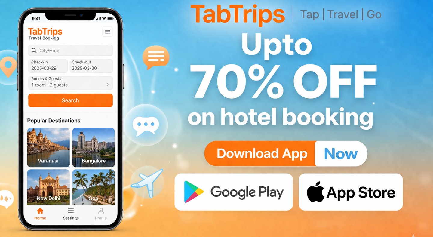 TabTrips travel app interface showing up to 70% off hotel bookings and popular India destinations.