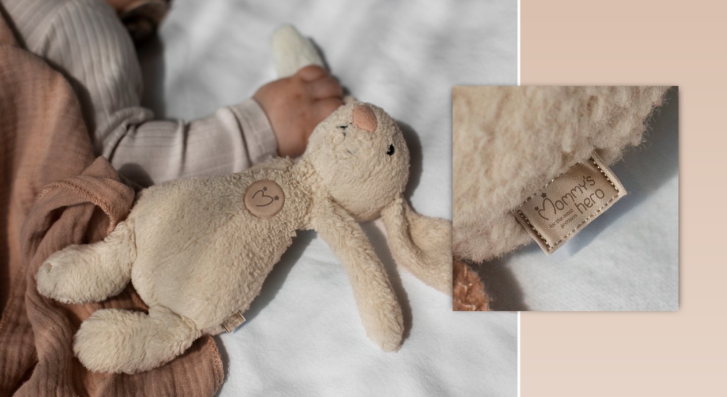 Cute and gentle Logo and Brand Identity for baby store Mommy's Hero, bunny baby's favorite toy
