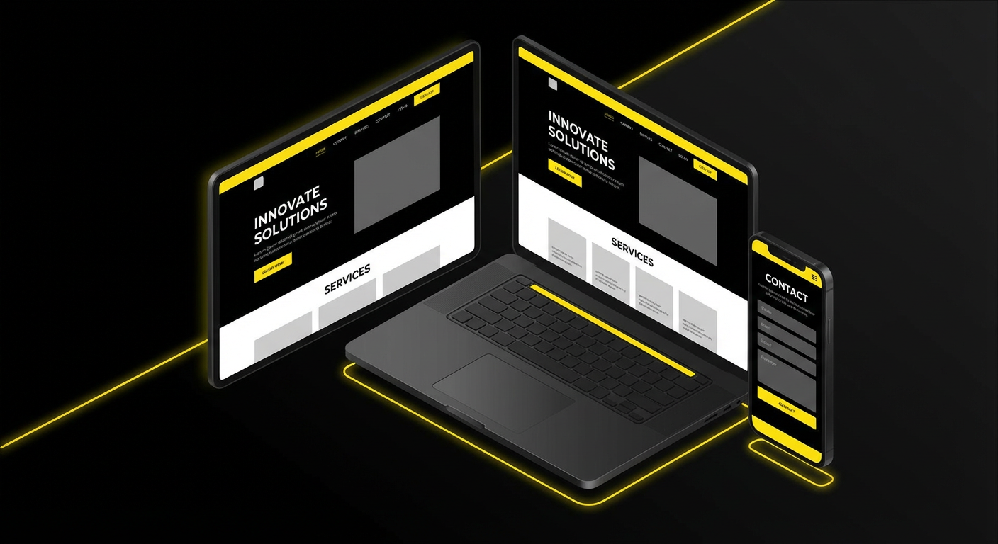 Responsive website design displayed on laptop, tablet, and mobile devices with a modern black and ye