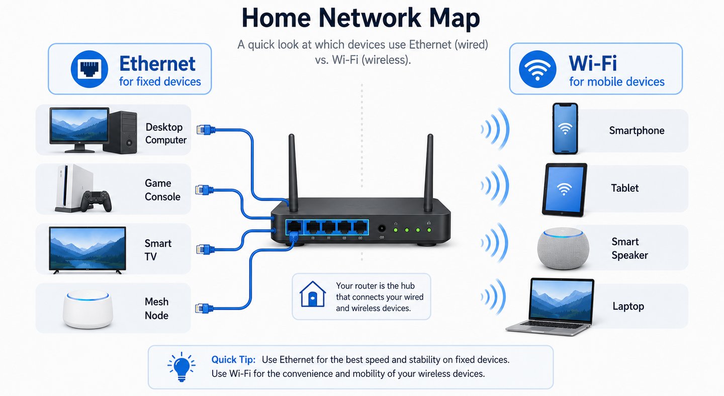 Home network map showing desktop computer, game console, smart TV, and mesh node connected by Ethern