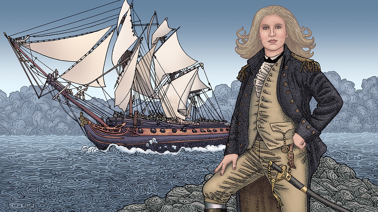 Artwork for ConHome of penny Mordaunt as a sailor in front of an old ship on the water.