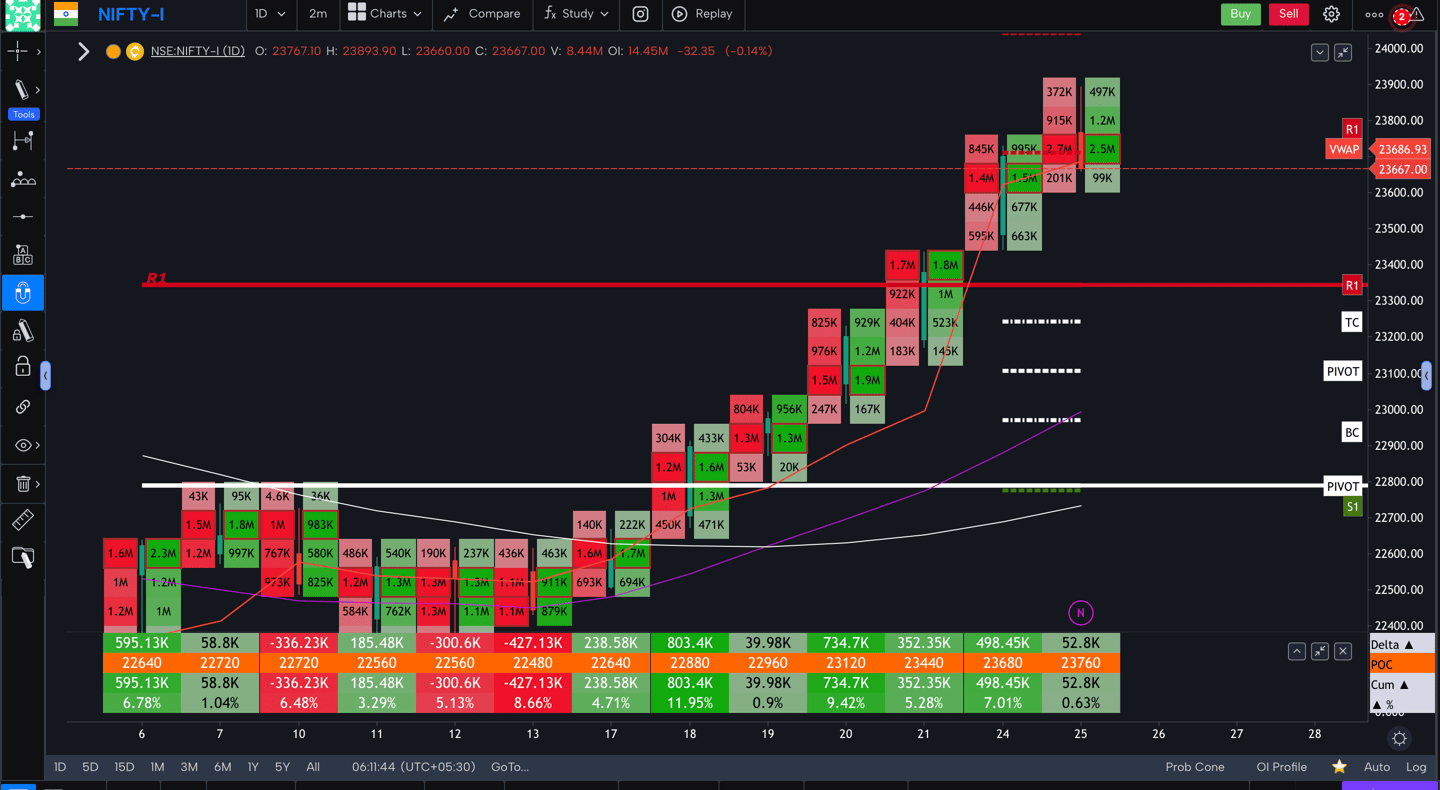Nifty 50 Future - daily Timeframe  order-flow Chart Showing Market Trends  for Today Market 