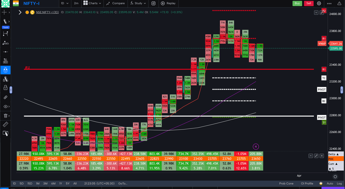 Nifty 50 Future - daily Timeframe  order-flow Chart Showing Market Trends  for Today Market 