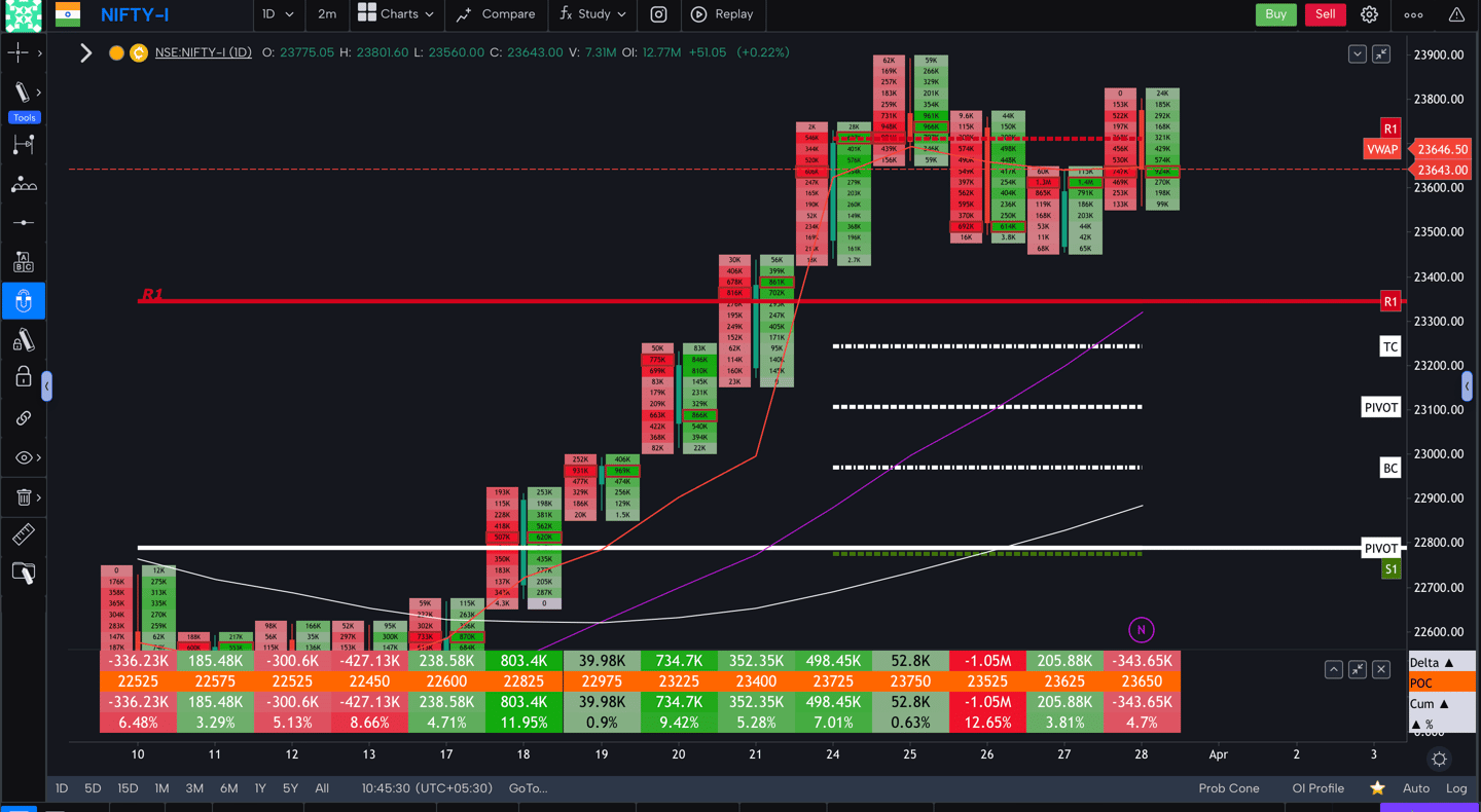 Nifty 50 Future - daily Timeframe  order-flow Chart Showing Market Trends  for Today Market 