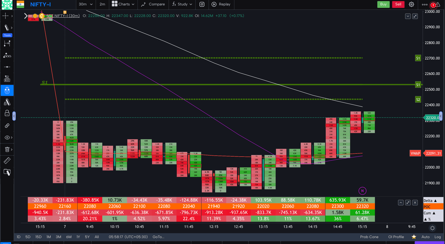 Nifty 50 Future - 30 Minutes Timeframe  order-flow Chart Showing Market Trends  for Today Market 