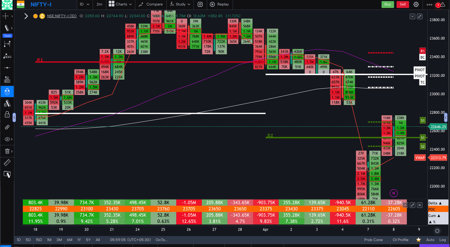 Nifty 50 Future - daily Timeframe  order-flow Chart Showing Market Trends  for Today Market 