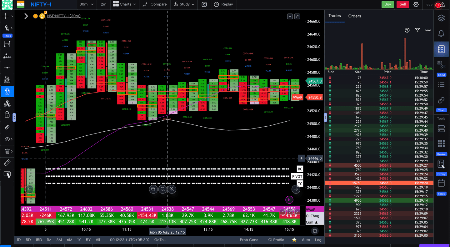 Nifty 50 Future - 30 Minutes Timeframe  order-flow Chart Showing Market Trends  for Today Market 