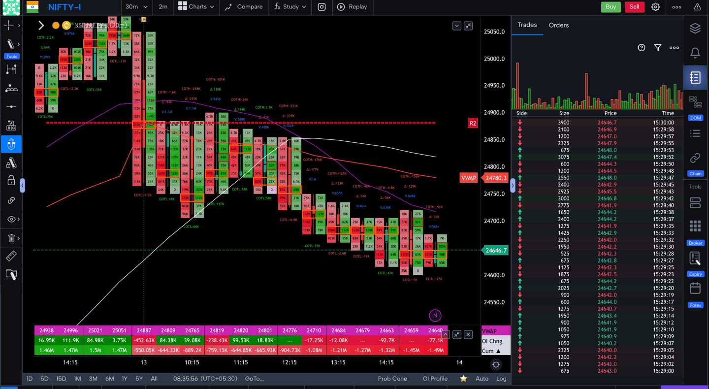 Nifty 50 Future - 30 Minutes Timeframe  order-flow Chart Showing Market Trends  for Today Market 