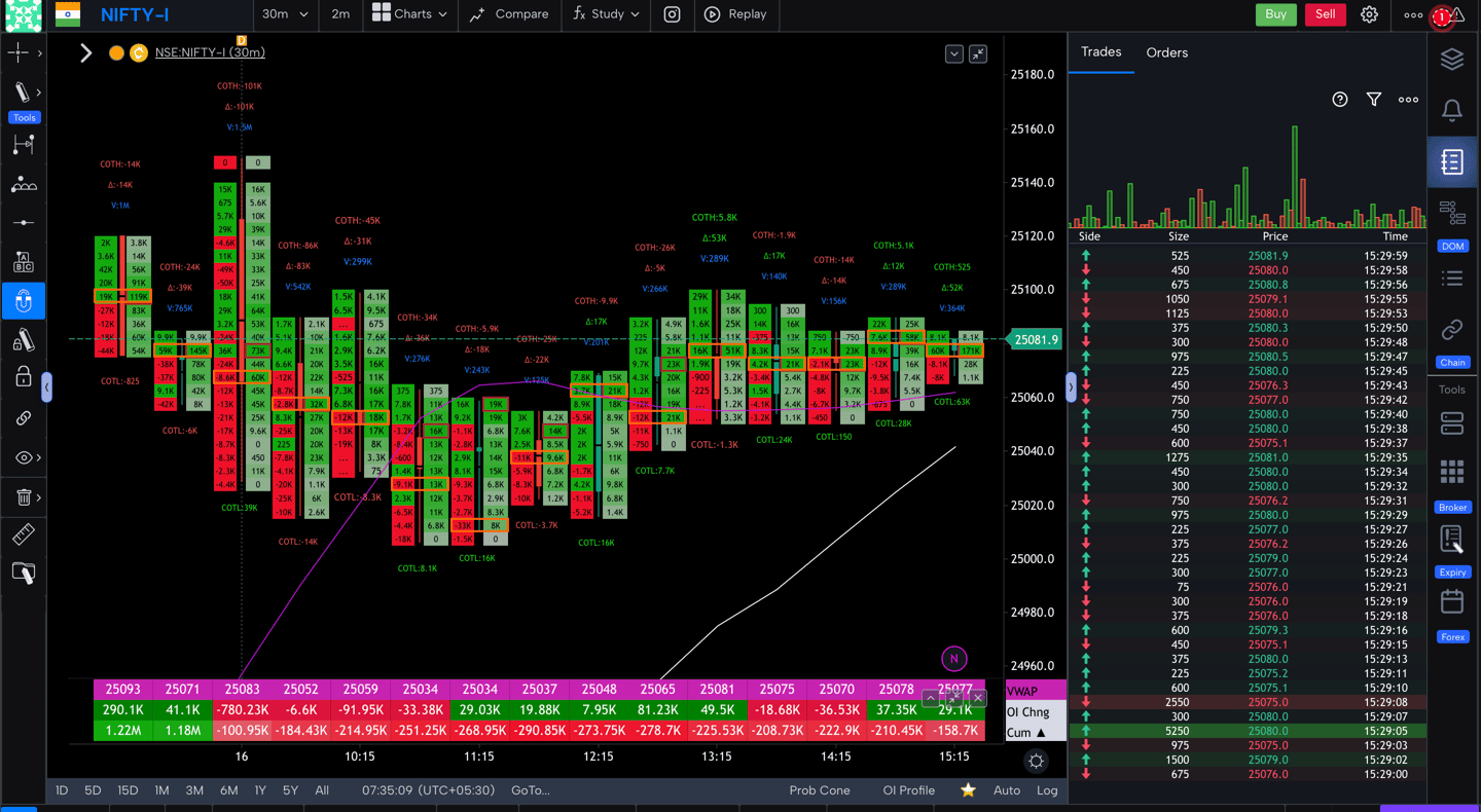 Nifty 50 Future - 30 Minutes Timeframe  order-flow Chart Showing Market Trends  for Today Market 