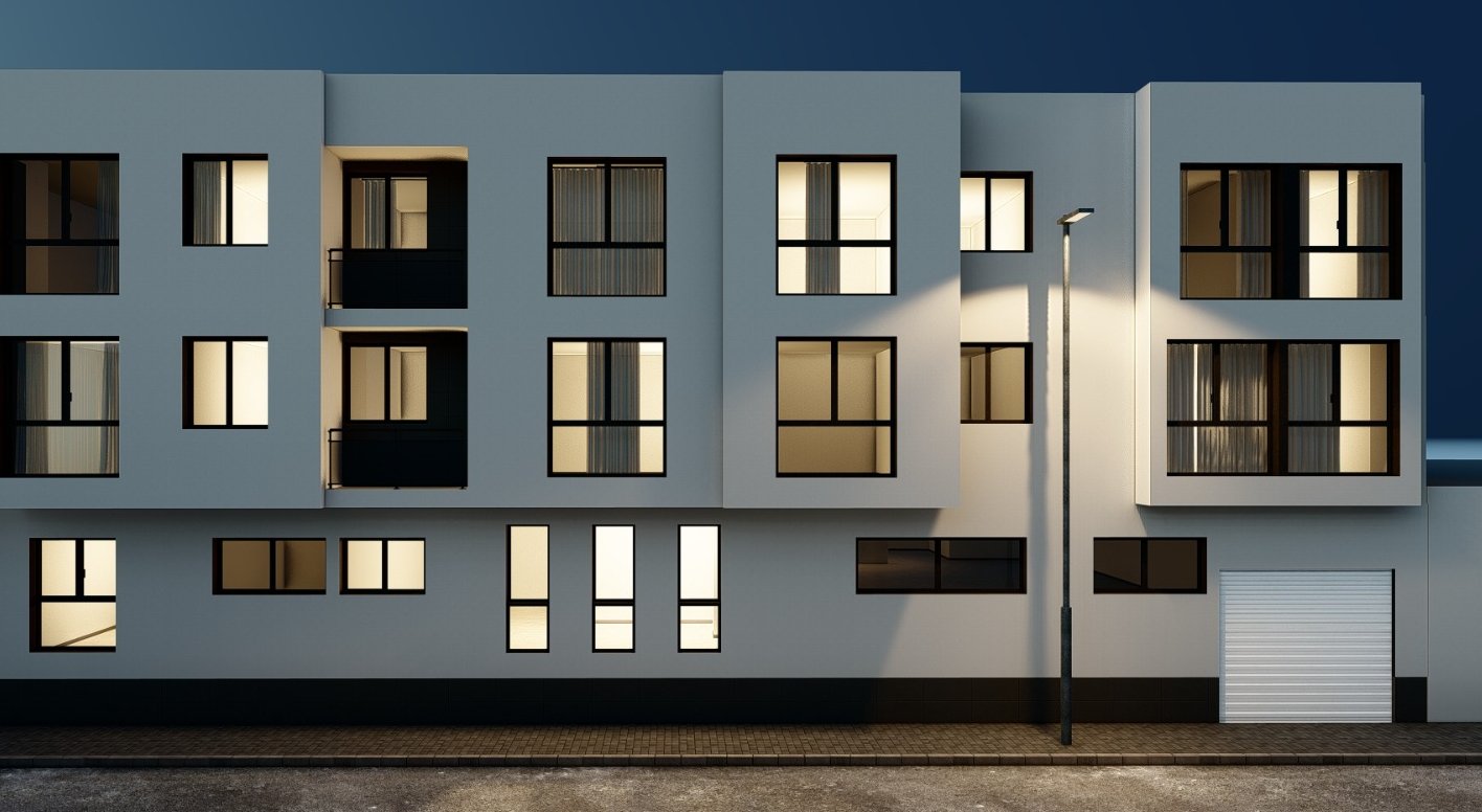 a building with a lot of windows and a street light