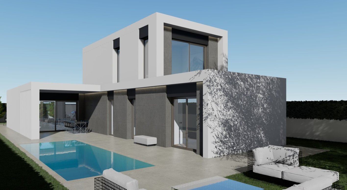 a modern house with a pool and a lounge area