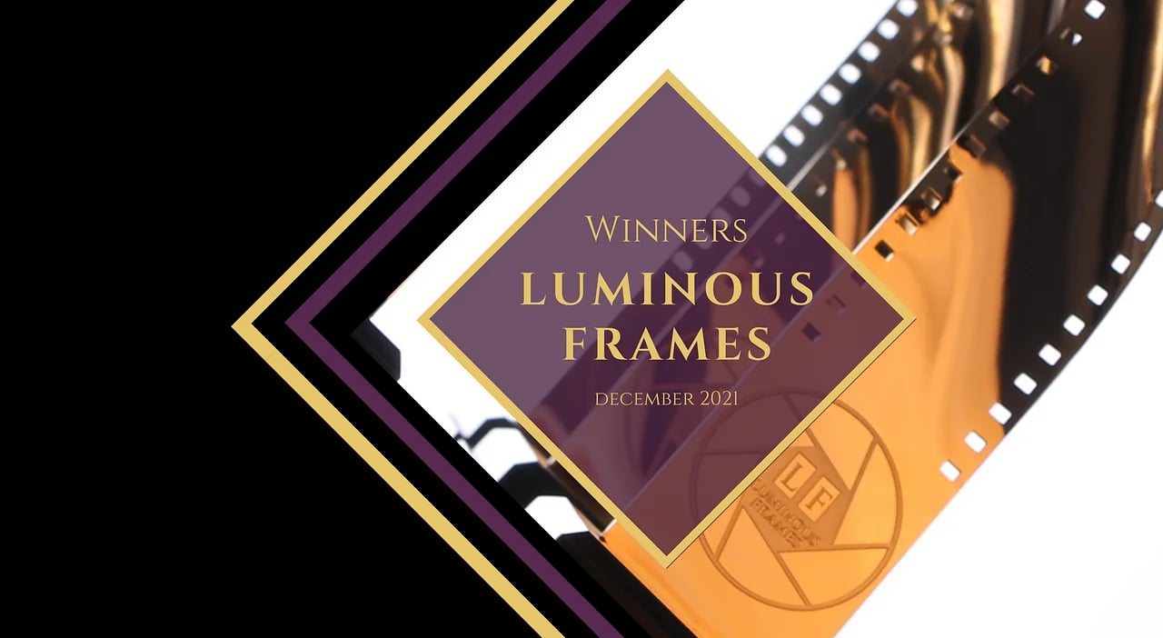 Luminous Frames film festival winners announcement for December 2021 featuring a golden film reel graphic.
