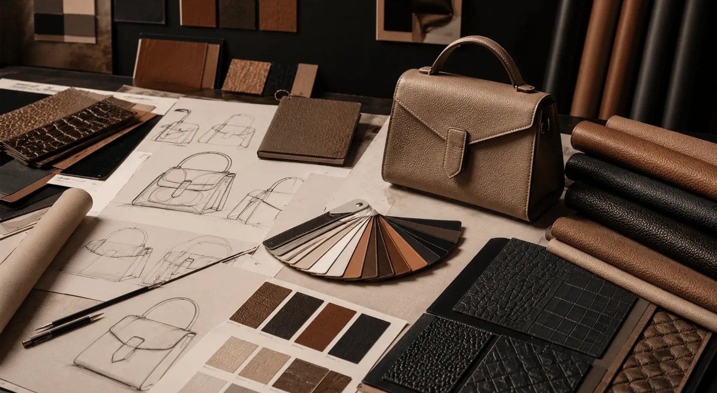 Luxury leather handbag design studio with sketches, material swatches, and a taupe designer purse.