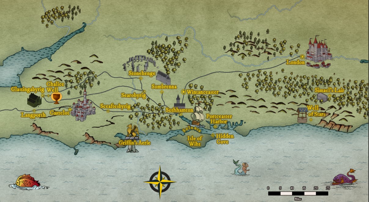 Myrddin's World Map - official fantasy atlas showing cities and lore.