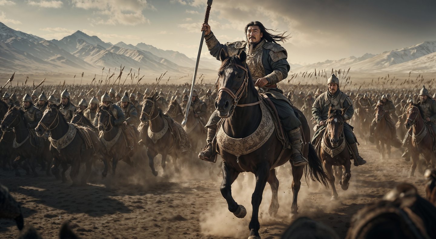 Genghis Khan leads his army in battle