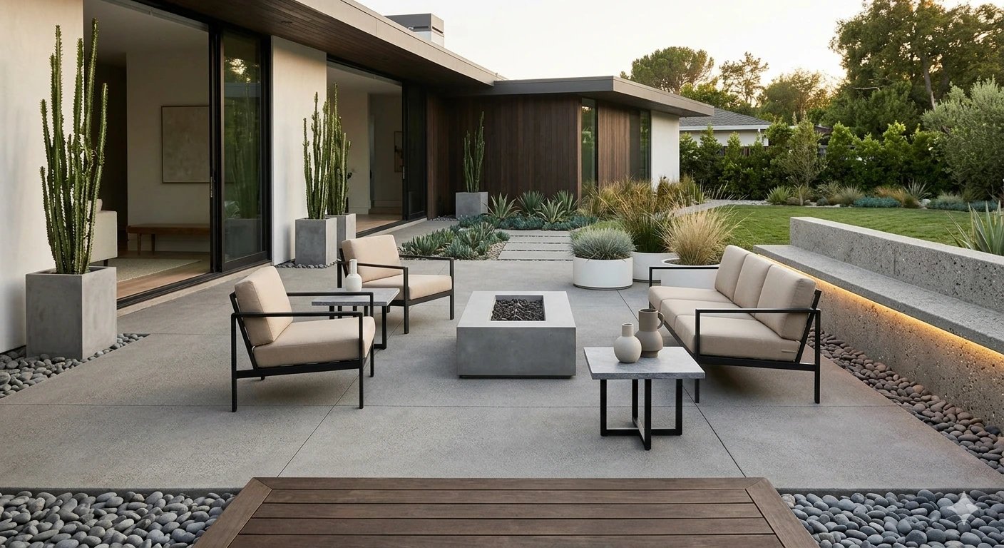 Luxury outdoor patio with lounge seating, greenery, and elegant lighting creating resort style