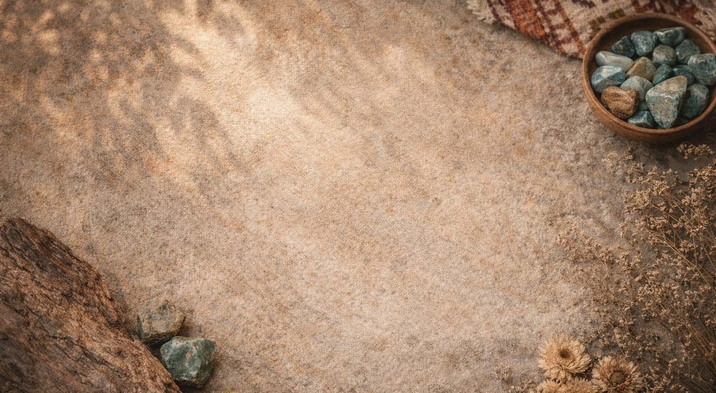 Fondo con piedras, flores secas y tela en colores naturales