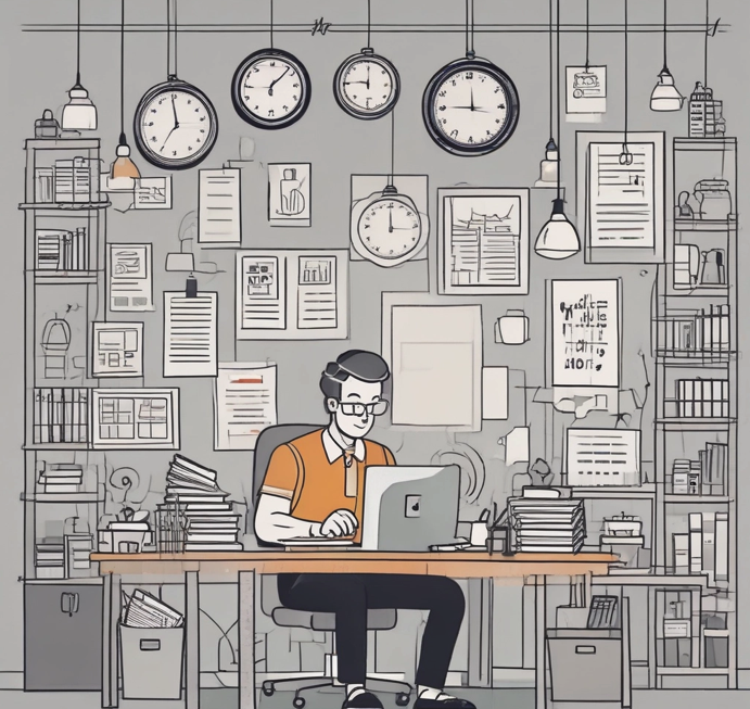 A man sitting at a desk with a laptop computer trying to regain productivity.