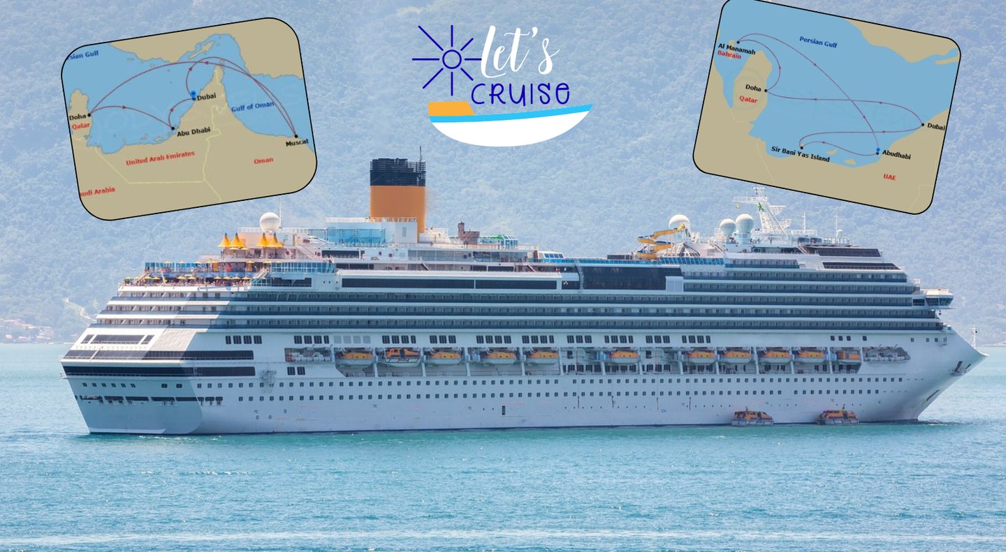 Cruise ship sailing in turquoise waters along Arabian Gulf cruise routes near Dubai and Abu Dhabi.