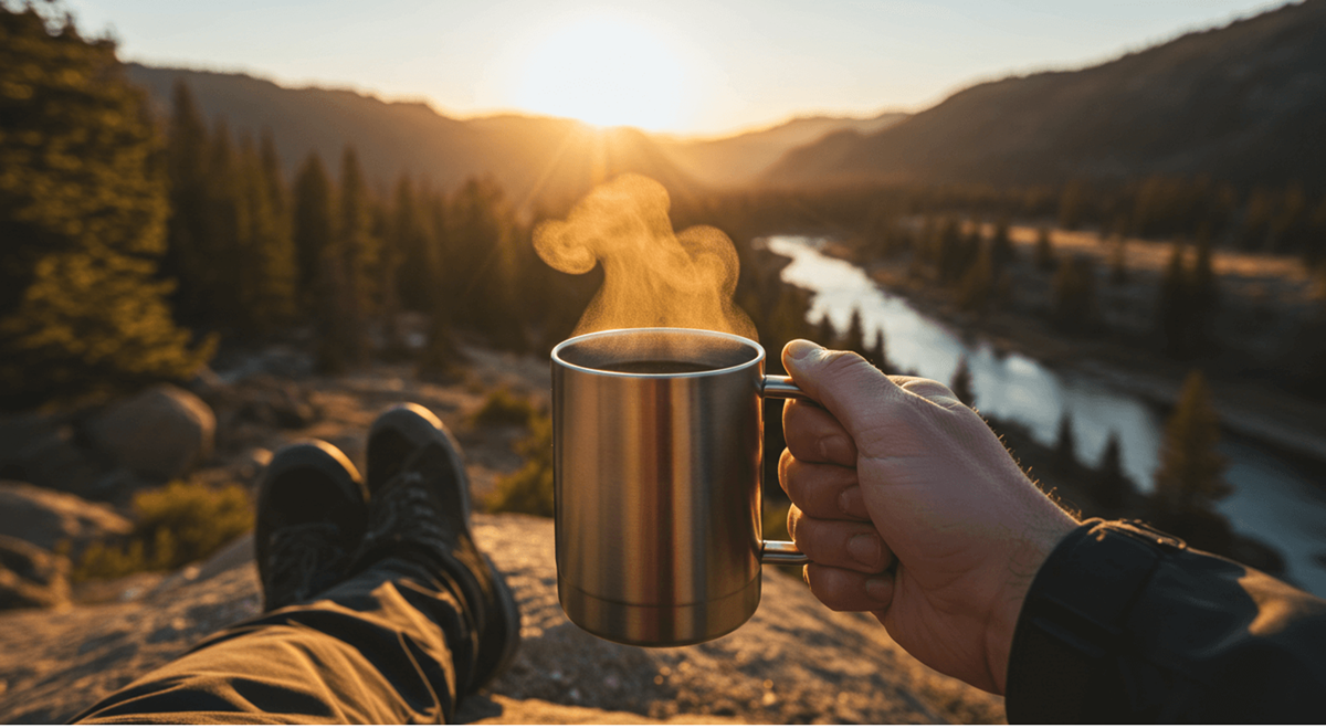 camper enjoying morning coffee on top of mountain side