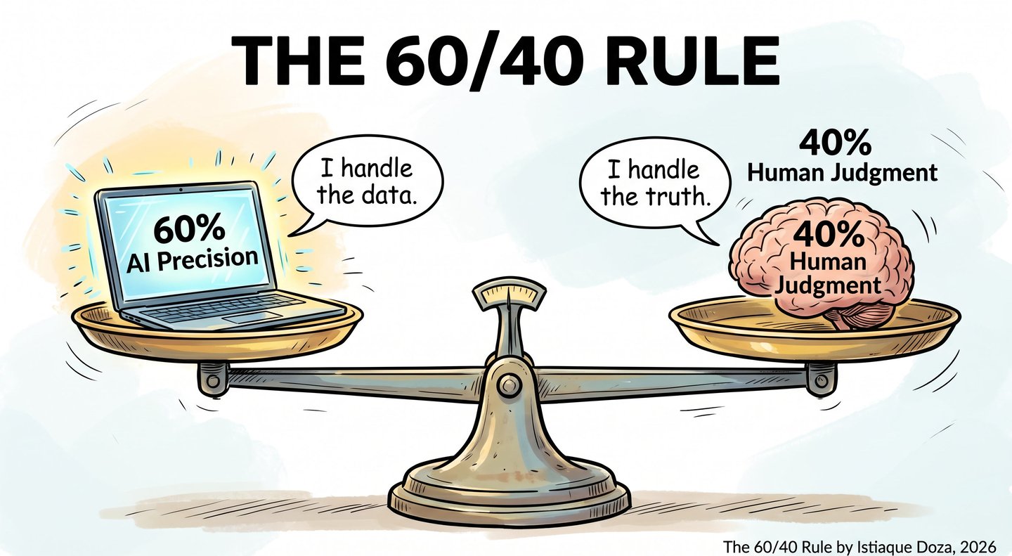 Illustration of the 60/40 rule balancing 60 percent AI precision and 40 percent human judgment on a scale.