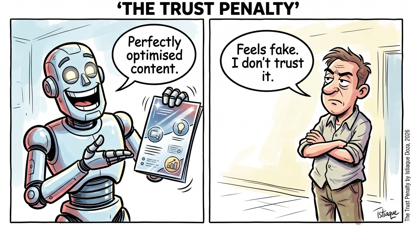 A comic strip titled The Trust Penalty shows an AI robot presenting perfectly optimized content to a skeptical man.