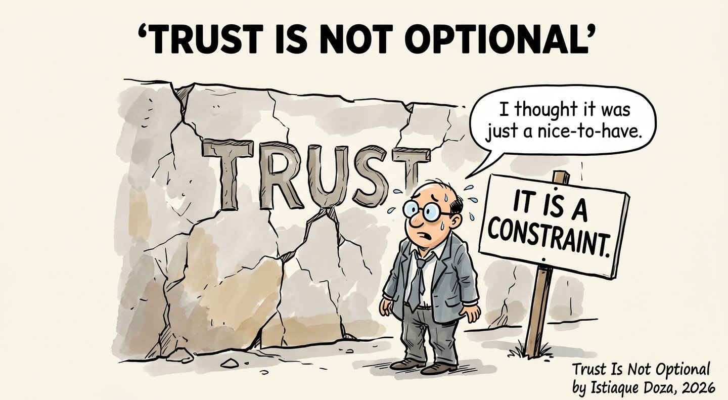 Business cartoon about trust being a constraint not an option, featuring a man by a cracked stone wall.