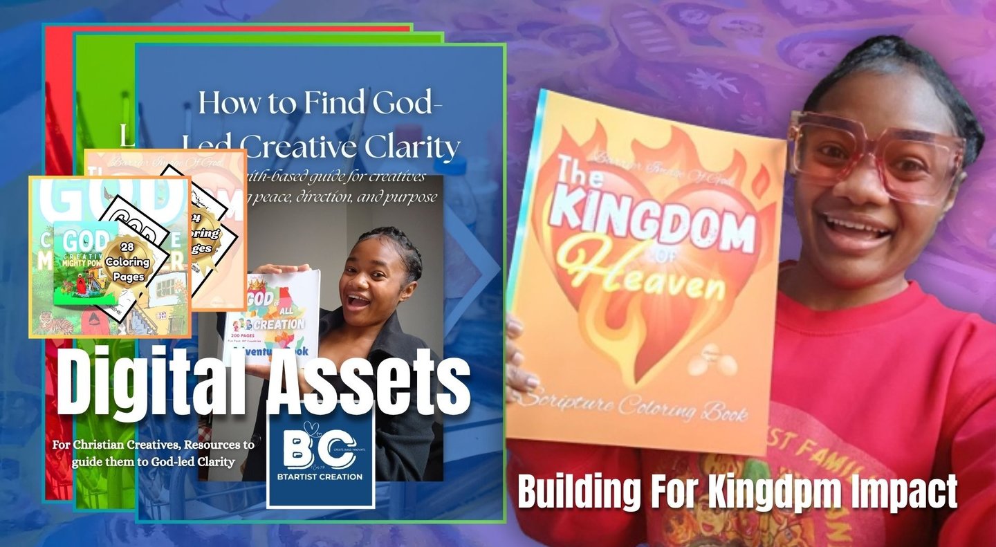 A smiling woman holding a Kingdom of Heaven scripture coloring book and digital assets for Christian creatives.
