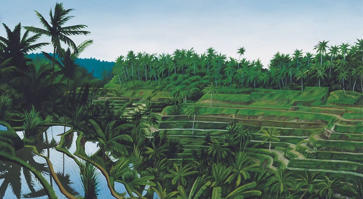 Bali reflections, oil painting  on board ©Ken Pattern