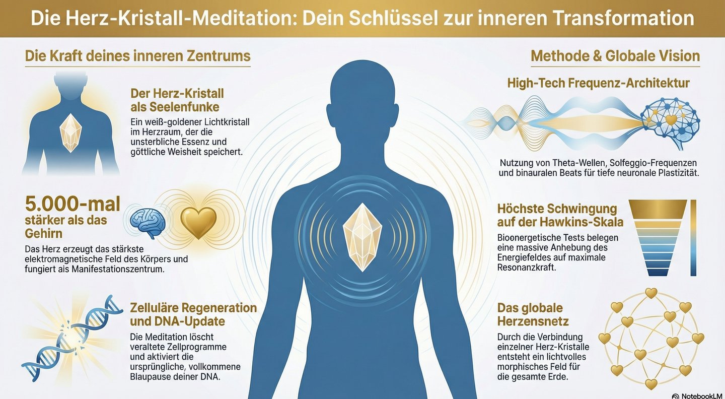 Infographic about Herz-Kristall-Meditation for DNA regeneration and inner transformation with chakra symbols.